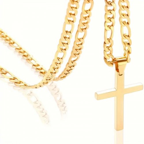 Colier barbati model figaro cu pandativ cruce placat 14k