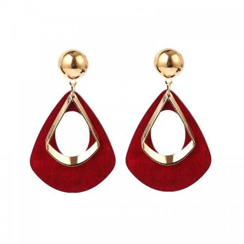 Cercei placati cu aur 14k Bohemian love triunghi  cu lemn natural rosu