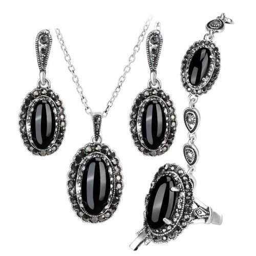 Set argint cu marcasite 4 piese Lady Black Onix 19 mm