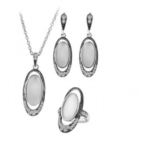 Set argint cu marcasite 3 piese Royal Opal Alb 19