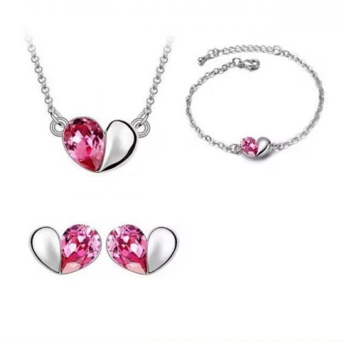 Set argint femei cu elemente SW Pink Crystal Heart